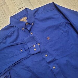 Men's Ariat Western Solid Twill Classic Fit Blue Cotton Button Down Shirt L